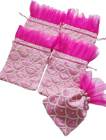 Handmade pearl give away potli with pearl design set of 10 pieces for diwali/return gifts/housewarming, color : pink